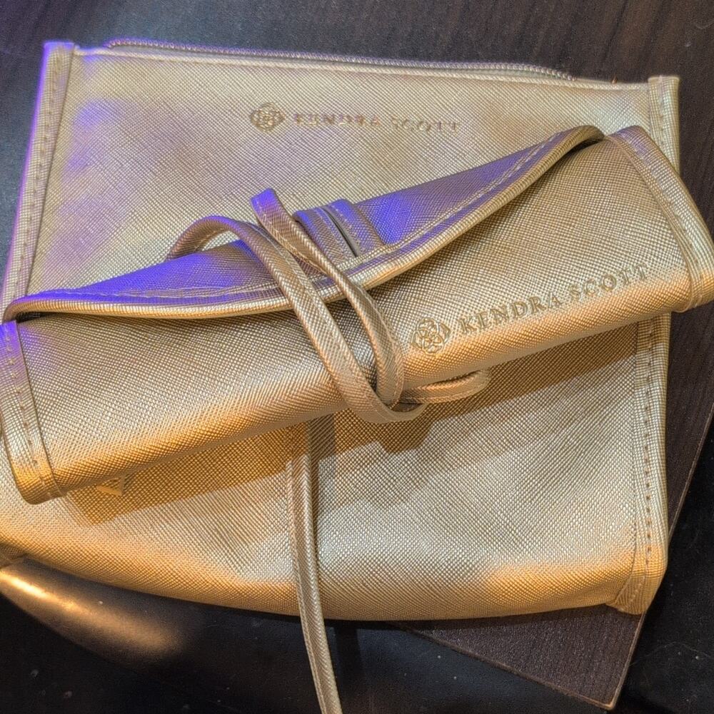 Kendra Scott Gold Faux Leather Travel Jewelry Roll Organizer, Zipper, Lined
